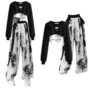 Korean Style Long Sleeved Top Tank  Inked Harem Pants Three Piece Set