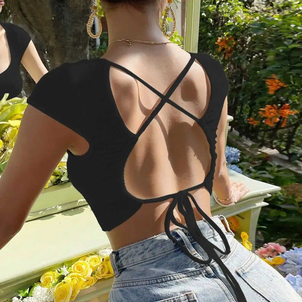 Backless Sexy Summer V-neck Women's Short-sleeved T-shirt