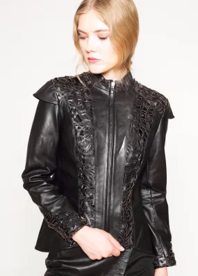 Baroque laser cut detail leather jacket