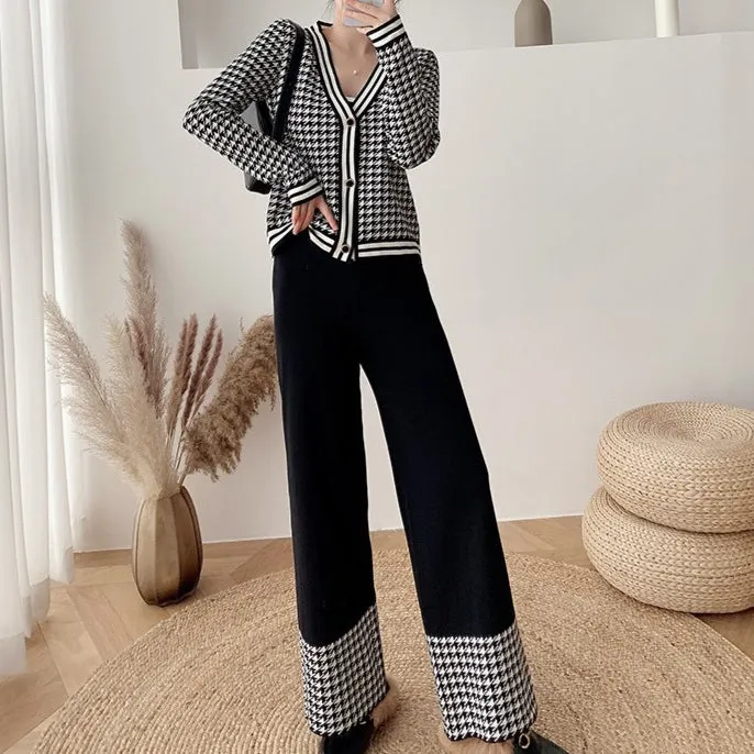 Casual Contrasting Colors V Neck Long Sleeve Coats & Wide-Leg Pants Wholesale Womens 2 Piece Sets