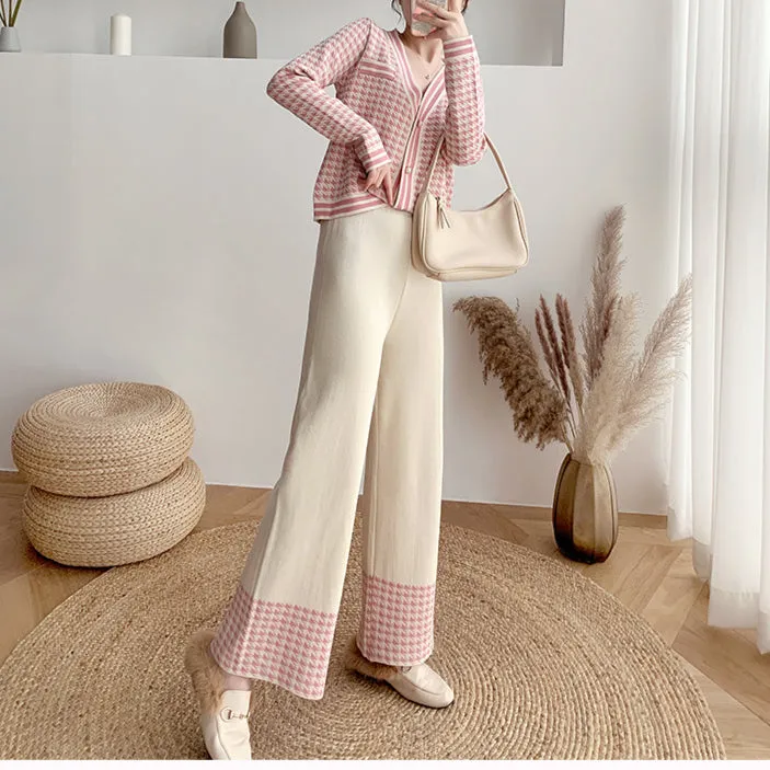 Casual Contrasting Colors V Neck Long Sleeve Coats & Wide-Leg Pants Wholesale Womens 2 Piece Sets