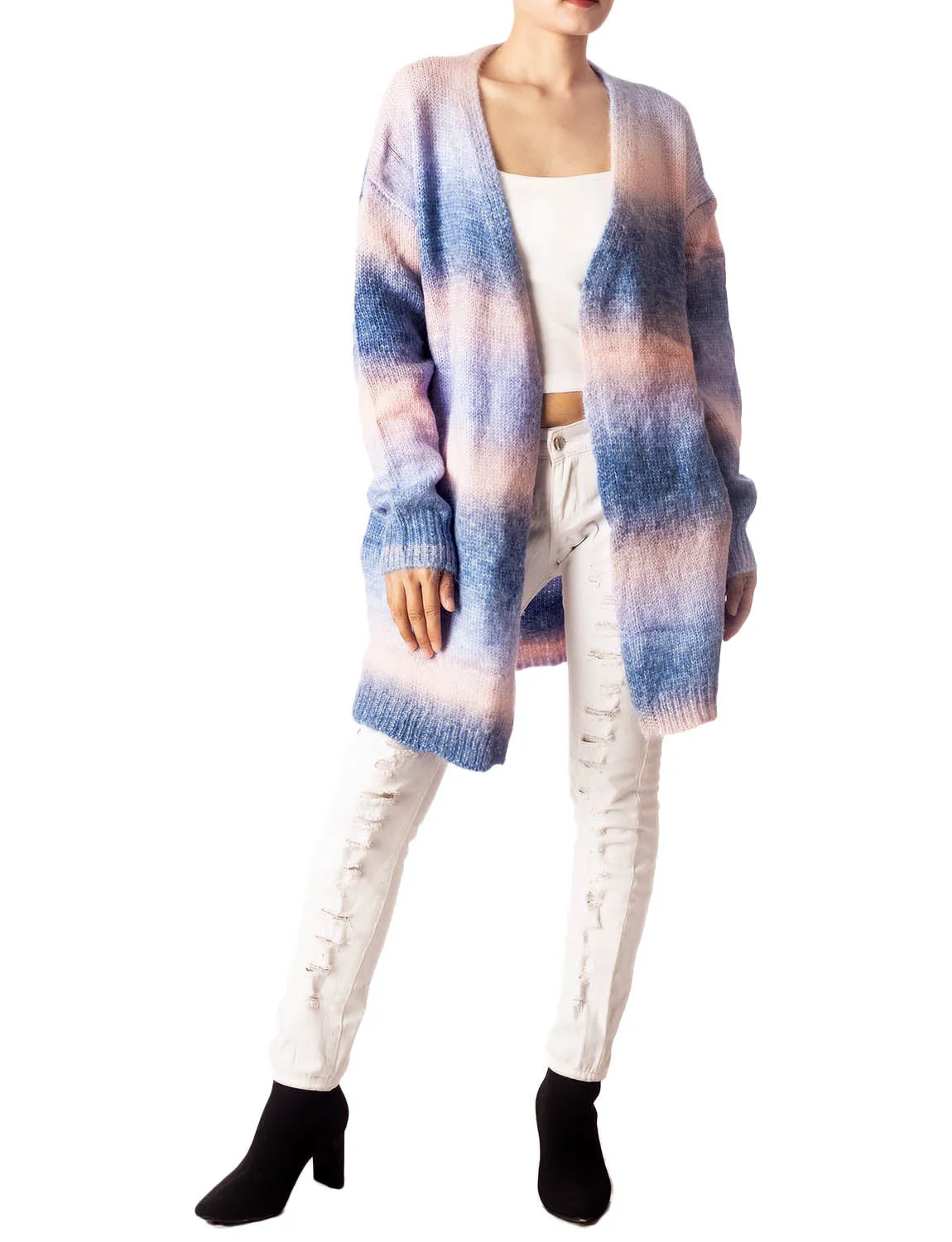 iB-iP Women's Gradient Multicolor Sweater Loose Oversized Long Sleeve Cardigan