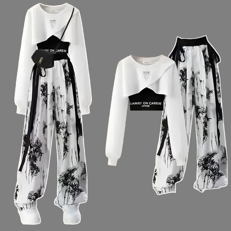 Korean Style Long Sleeved Top Tank  Inked Harem Pants Three Piece Set