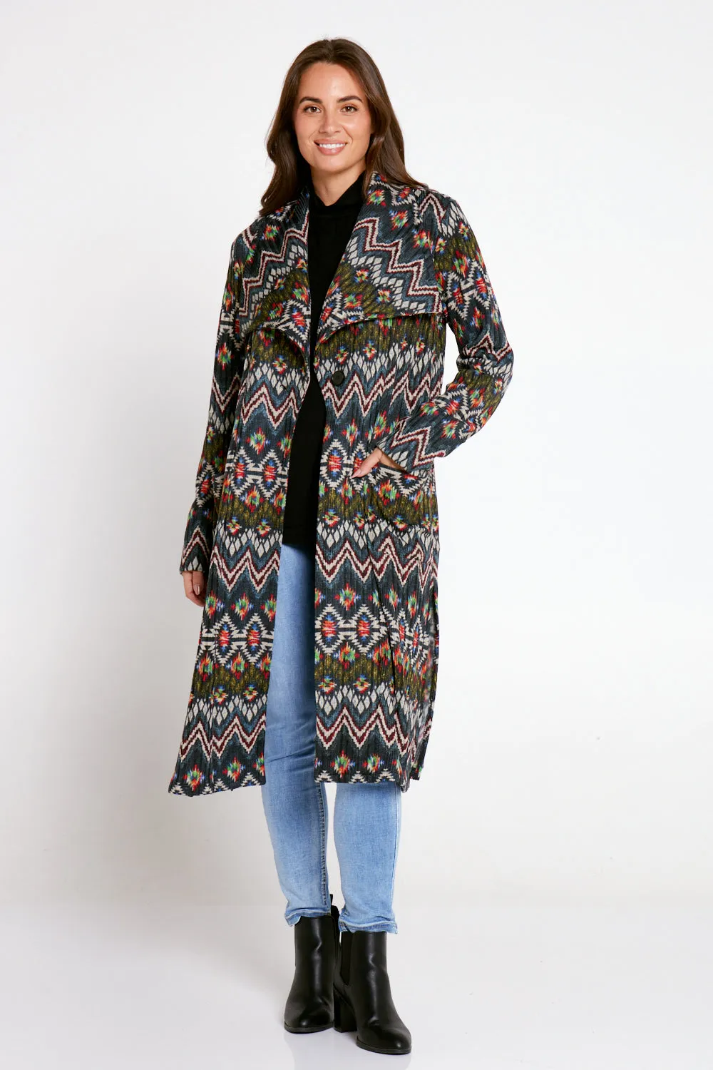 Lara Fleece Trench Coat - Navy Aztec