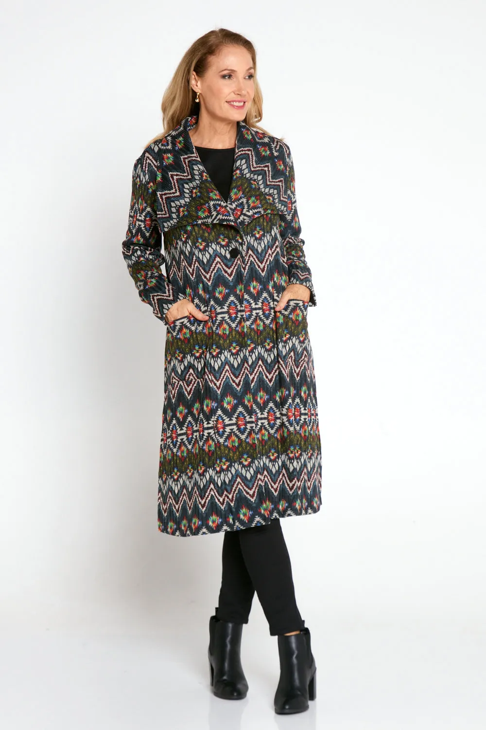 Lara Fleece Trench Coat - Navy Aztec