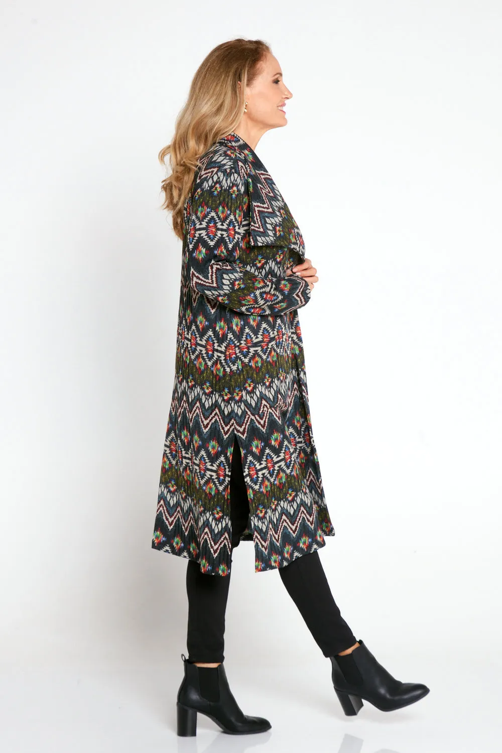 Lara Fleece Trench Coat - Navy Aztec