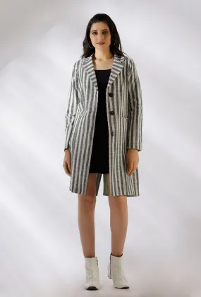 Madilyn Green Striped Pure Woven Cotton Trench Coat