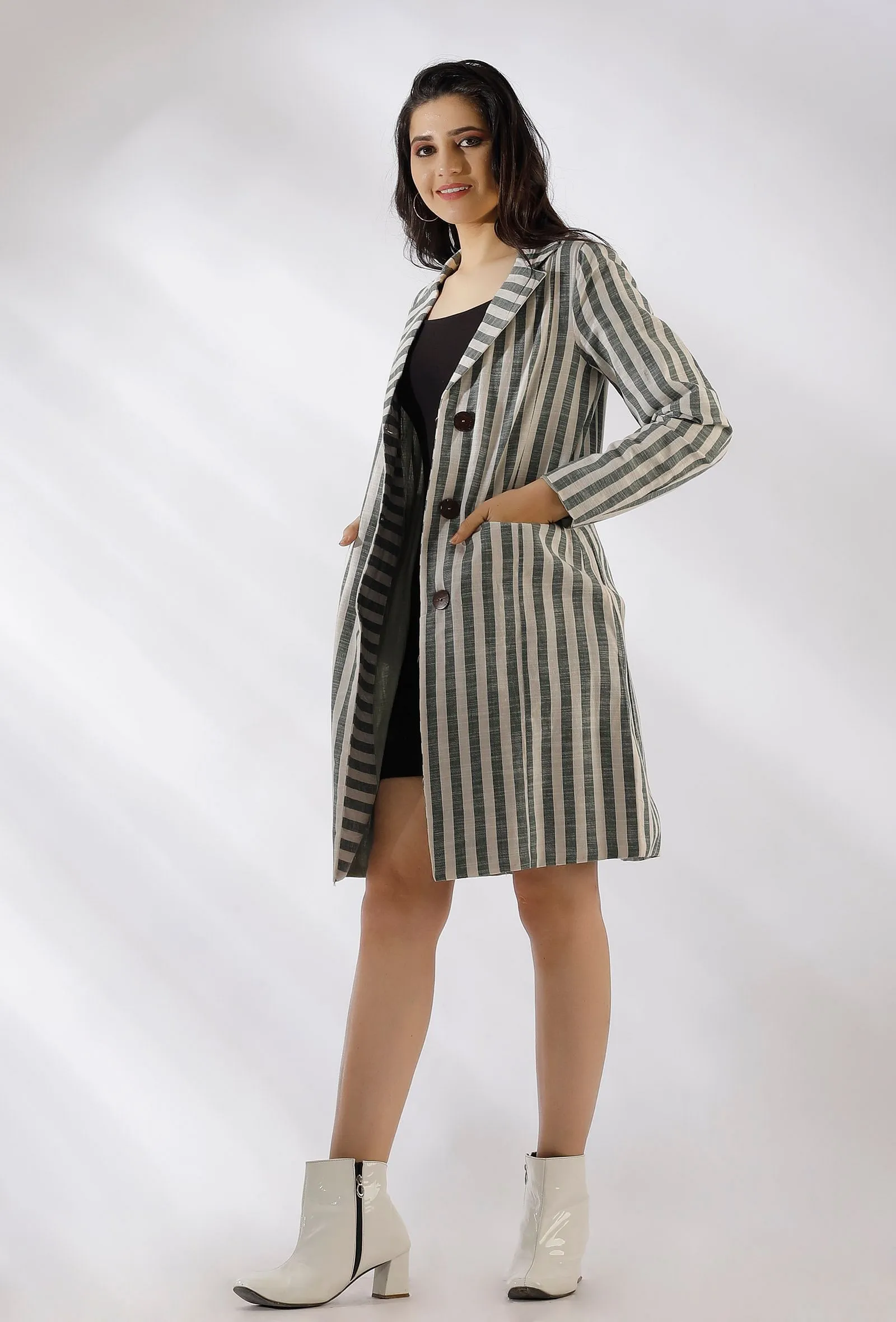 Madilyn Green Striped Pure Woven Cotton Trench Coat