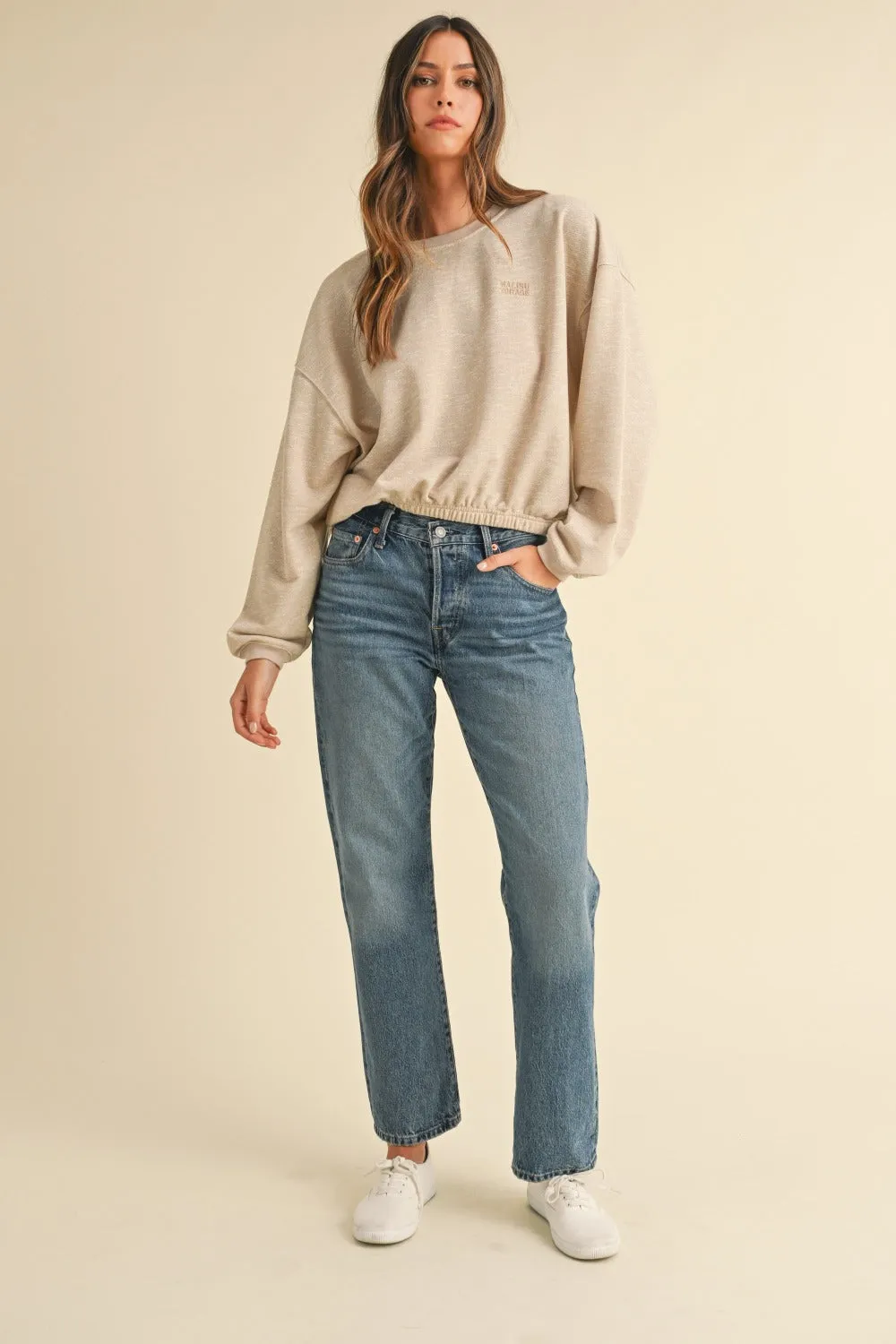 Malibu Vintage Embroidery Crop Sweatshirt - Taupe