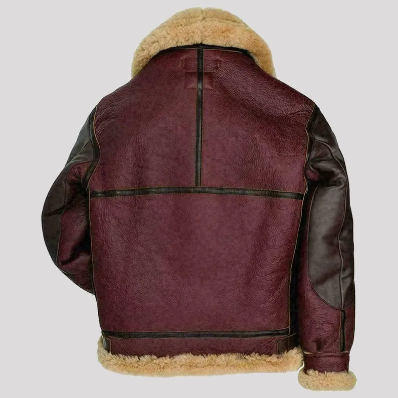 Mens Maroon RAF Aviator Fur Shearling B3 Flying Brown Bomber Real Leather Jacket