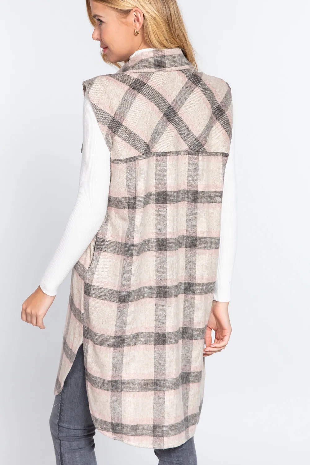 Notched Collar Brushed Plaid Vest - 2 styles