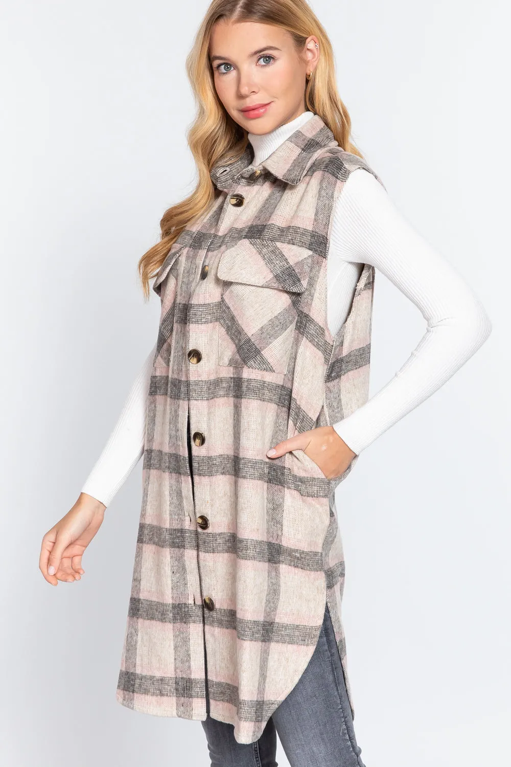 Notched Collar Brushed Plaid Vest - 2 styles