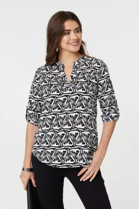 Printed Collarless V-Neck 3/4 Blouse