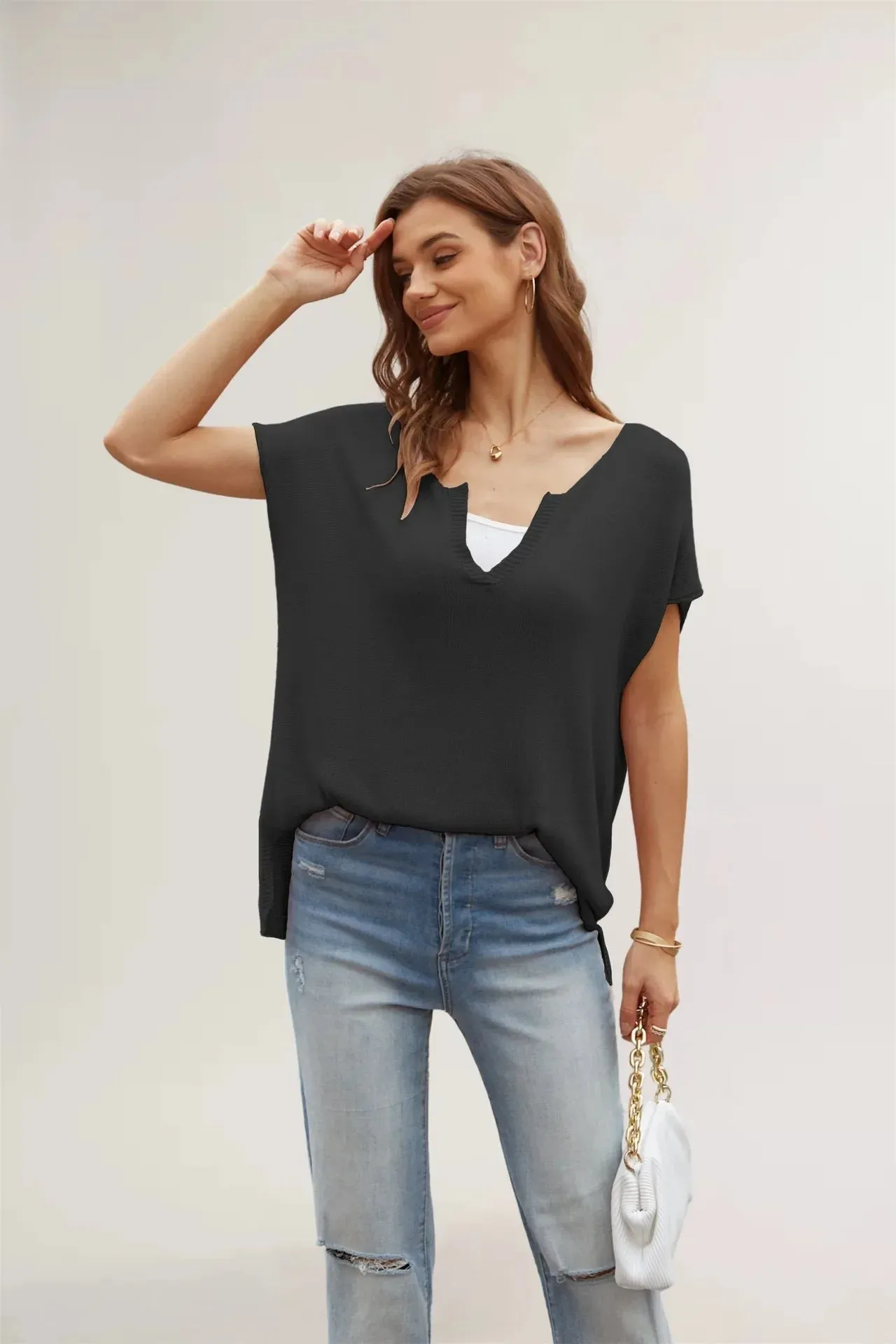 Spring Women's Short Sleeve V-neck Sweater T-shirt - Solid Color Slit Loose Large Size