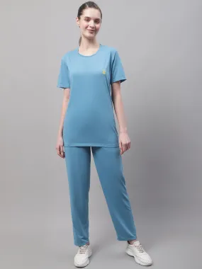 Vimal Jonney Blue Cotton Solid Co-ord Set Tracksuit For Women